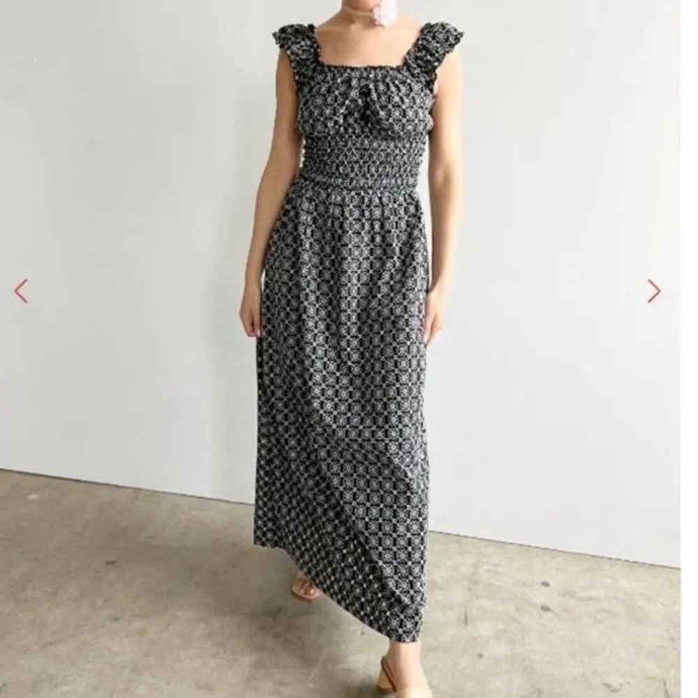 Lisa Says Gah Midi Dress NWT XL Black Floral Eyelet Smock Waist Puff Sleeves